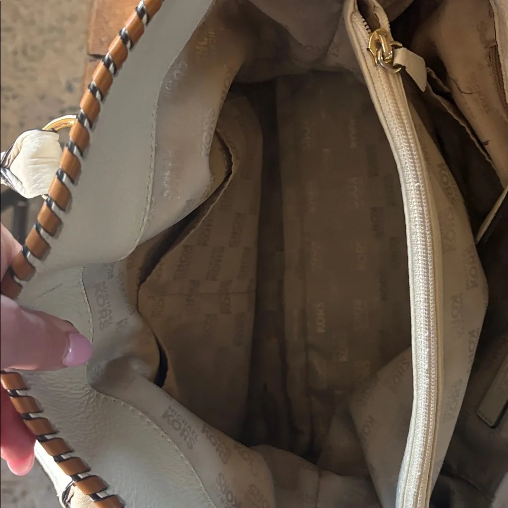 Michael Kors Hamilton Whipstitch Leather Satchel Cream Tan Gold Hardware